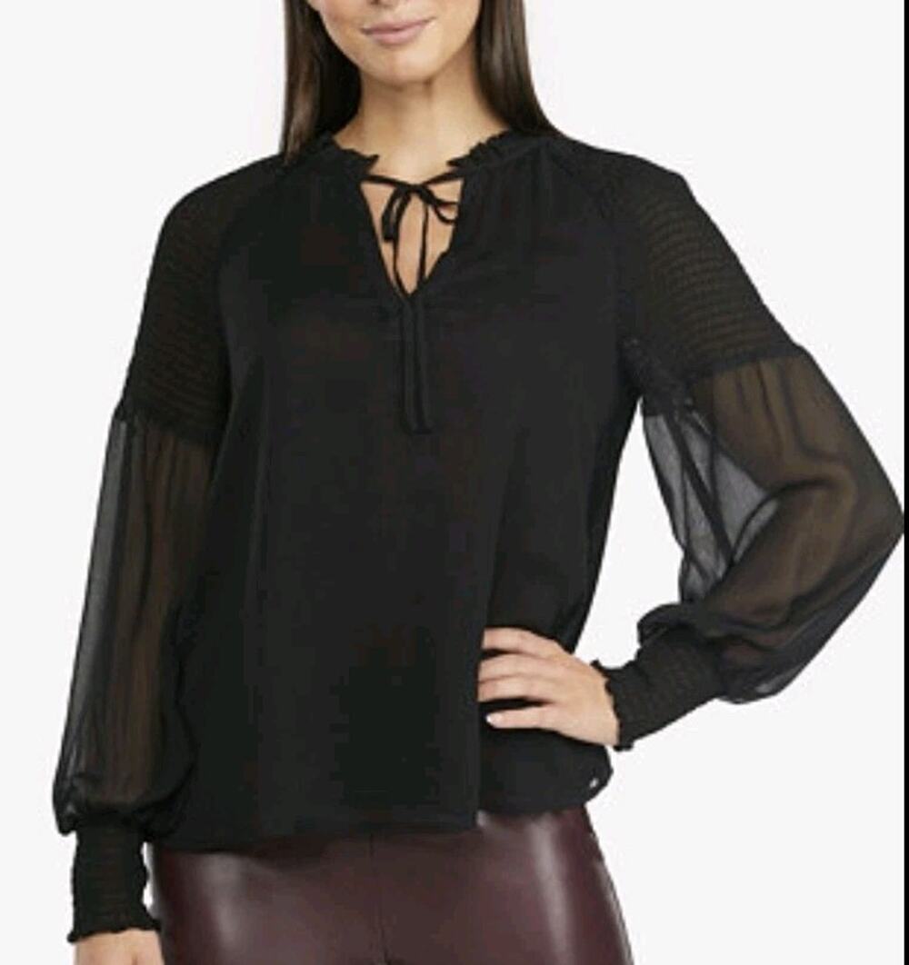 Ann Taylor Loft Size L Black Mock Neck Button-up Cinched Waist Sheer Top